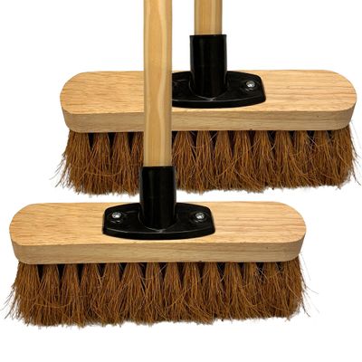10 Indoor Soft Broom Sweeping Brush with Wooden Handle Natural Coco Bristles Indoor Floor Brush with Durable Support Bracket Cleaning Brush for Office Room and Garage (PACK OF 2)