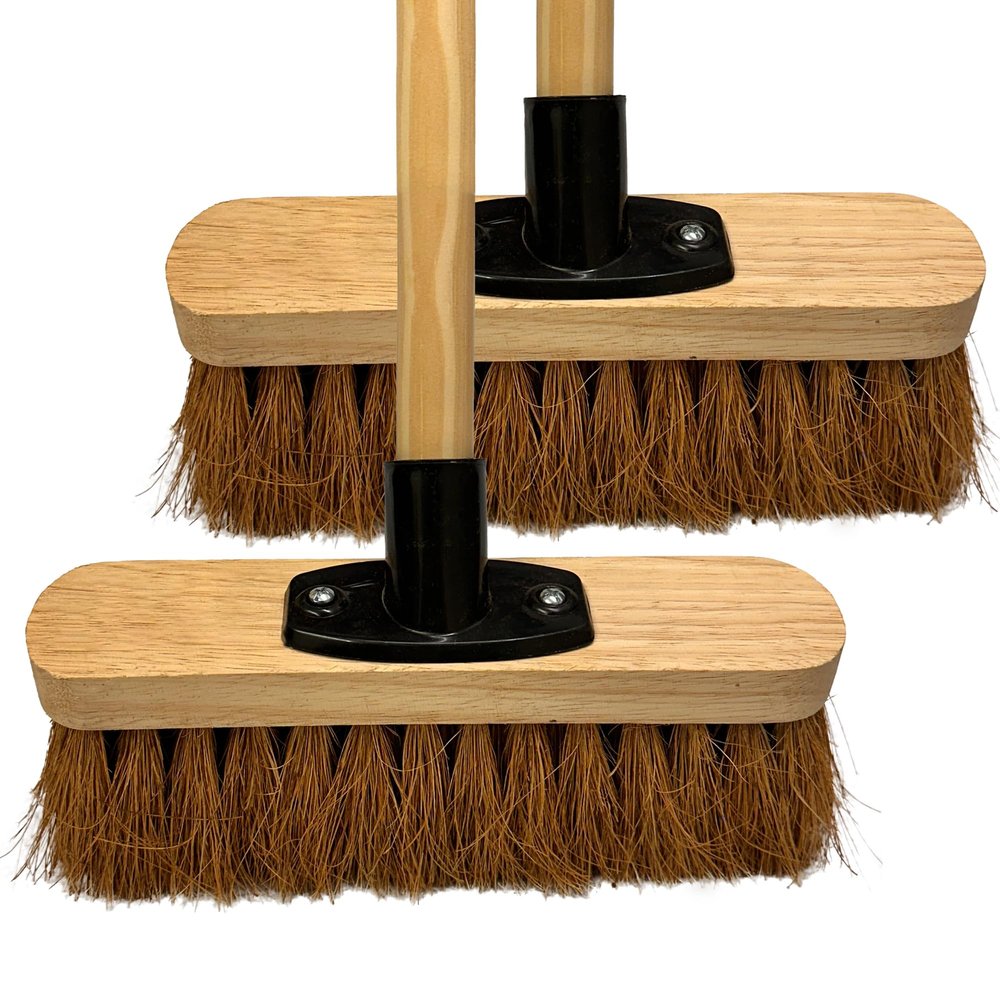 10 Indoor Soft Broom Sweeping Brush with Wooden Handle Natural Coco Bristles Indoor Floor Brush with Durable Support Bracket Cleaning Brush for Office Room and Garage (PACK OF 2)