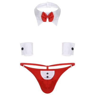 Alvivi Men's 3Pcs Waiter Tuxedo Cosplay Lingerie Set Boxer Underwear with Bow Tie Collar and Bracelets Red XL