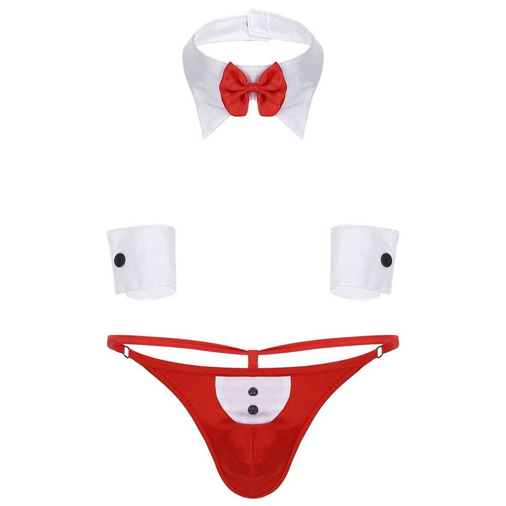 Alvivi Men's 3Pcs Waiter Tuxedo Cosplay Lingerie Set Boxer Underwear with Bow Tie Collar and Bracelets Red XL