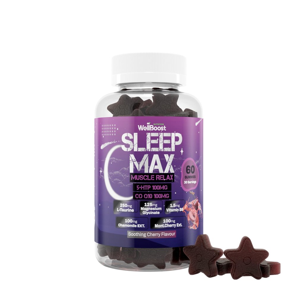 WellBoost Sleep Max Gummies  5-HTP, CoQ10, L-Taurine, Magnesium, Chamomile, Montmorency Cherry & Vitamin B6  Soothing Cherry Flavour  Vegan Sleep Supplement (1 Month Supply)