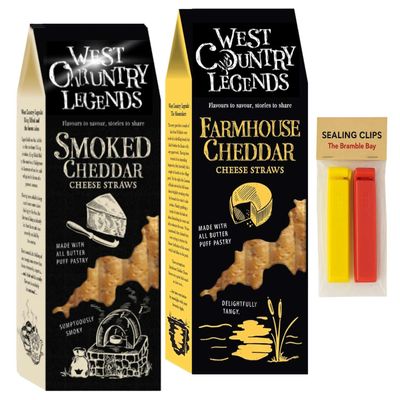 Cheese Straws bundle contains Smoked Cheddar, Farmhouse Cheddar, Pack of 2 x 100g, Sealing Clips x2
