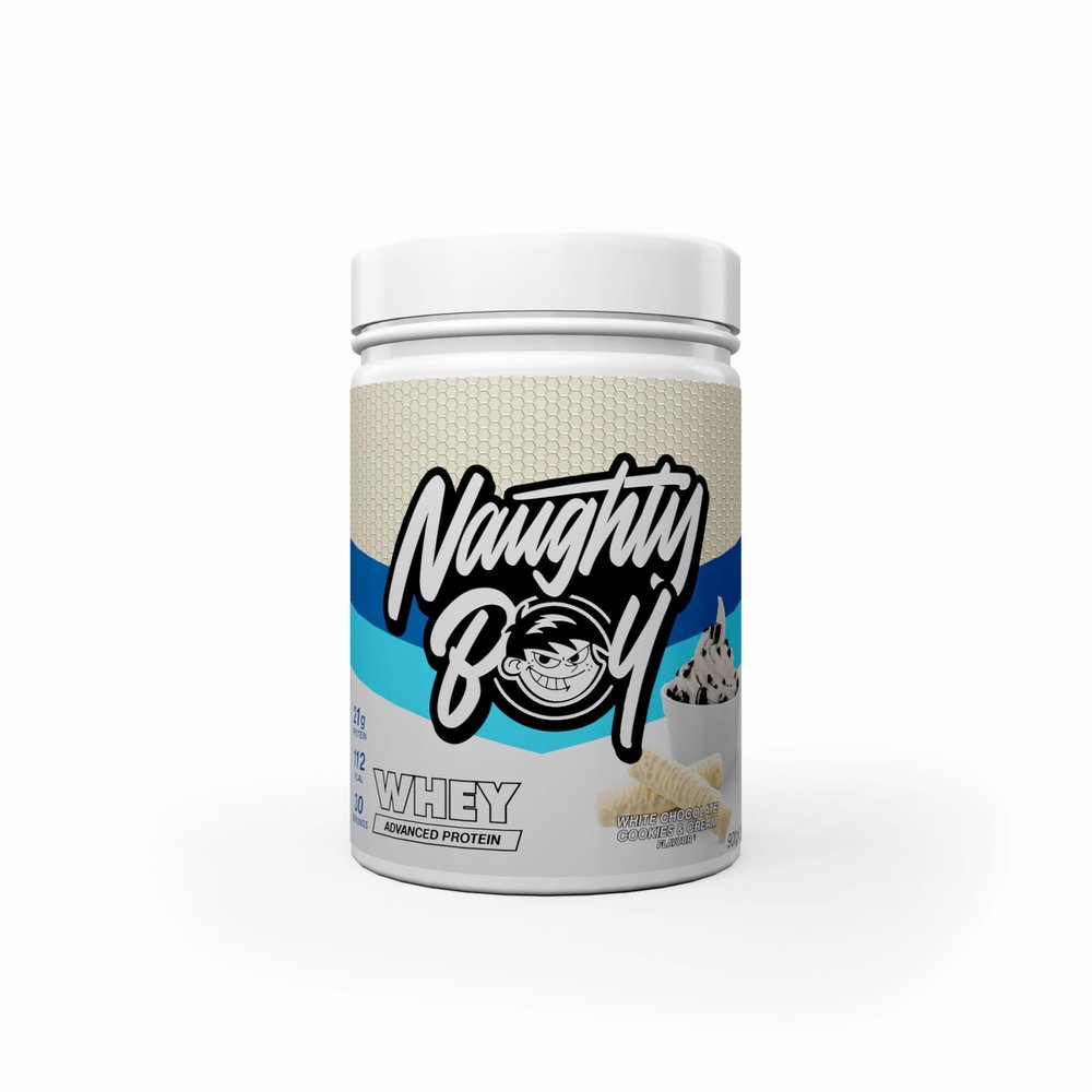 Naughty Boy Advanced 100% Whey Protein Powder. Muscle Building & Recovery Shake with Optimum Taste & Mixability. Low Sugar. (White Chocolate Cookies & Cream, 900 g)