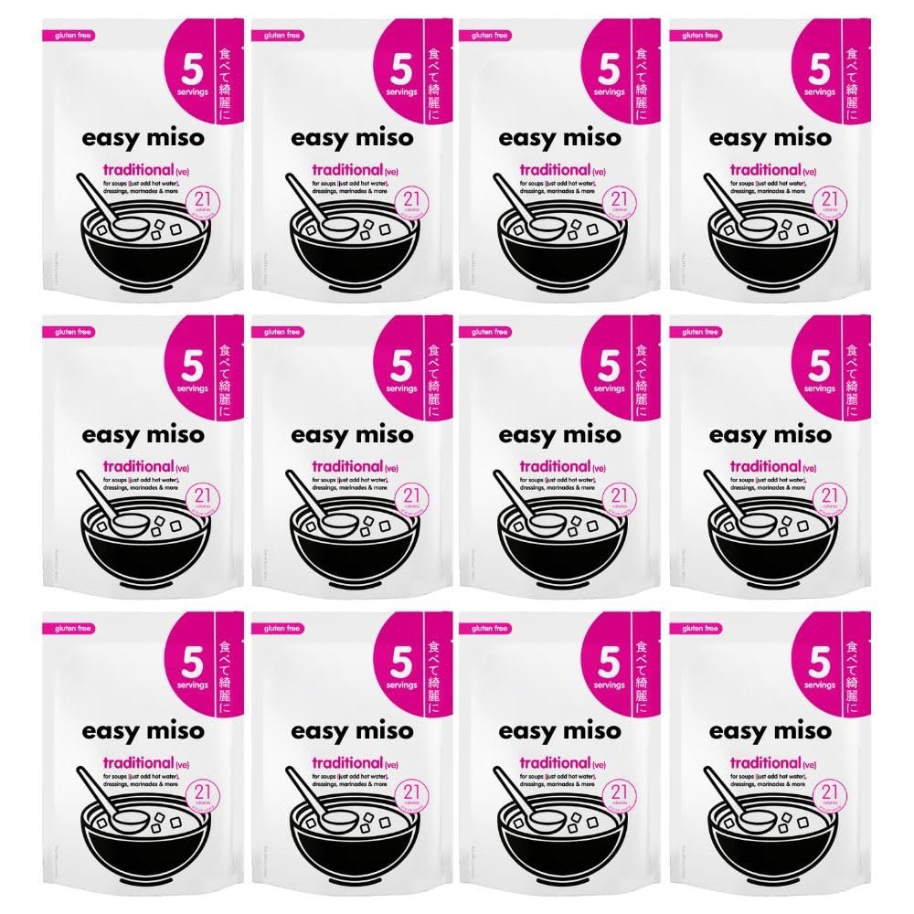 Traditional Miso Easy Soup Paste 105g (5sachets) Pack of 12, Compatible with Itsu Gyoza, Vegan Instant Protein Soy Bean Broth Dressing Marinade Seasoning with Welari Thank You Card | (12pack)