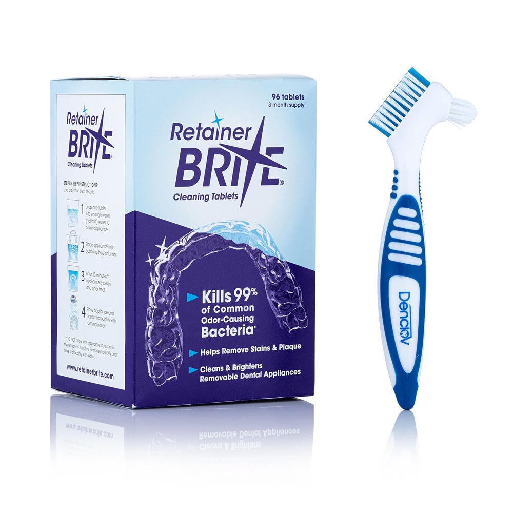 Retainer Brite Cleaning Kit Including 96 Tablets (3 Month Supply) and Denture Brush - Kills 99.9% of Bacteria - Ideal for retainers, mouthguard, dentures, invisalign. Removes Plaque and Tartar.