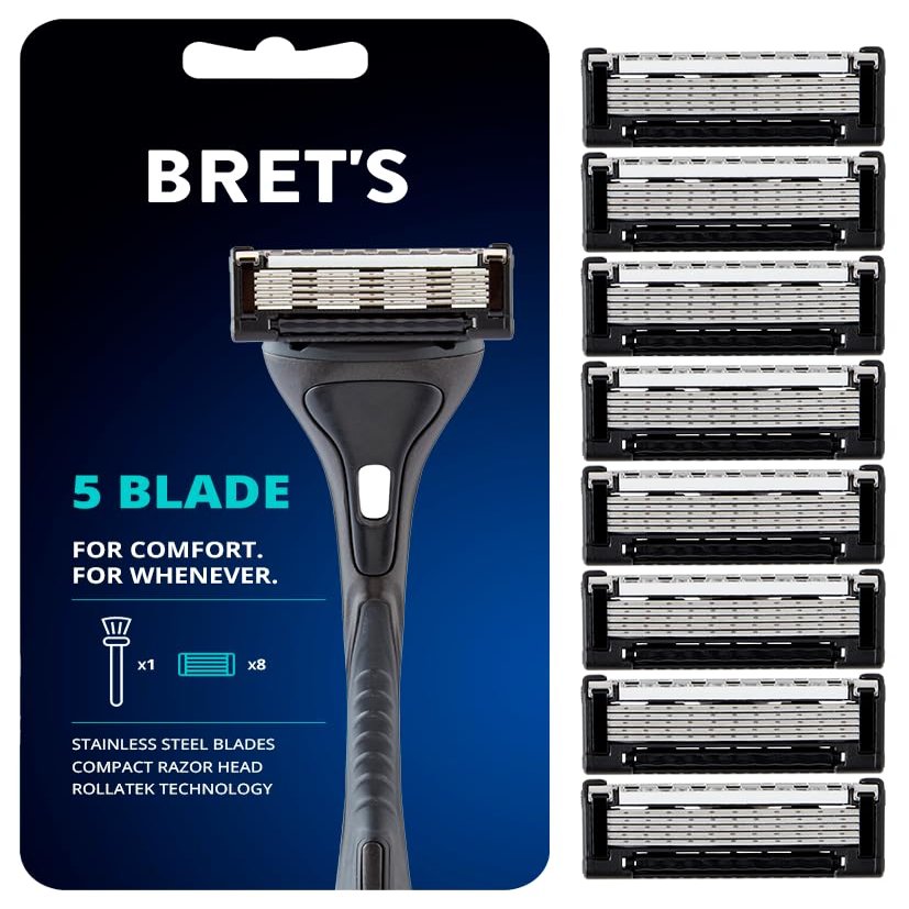 Brets Razor Blades  5 Anti-Friction Blades with Handle Rollatek Tech  Precision Trimmer  Steel Made Razors  Comfort Lubrication & Eco-Friendly  Designed for your Face