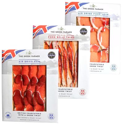 The Greek Farmer 3 Piece Letterbox Charcuterie | Cured Meats & Cold Cuts | Artisan Charcuterie Gift Box | British Free-Range Pork | 5-Star Great Taste Award | Ideal Foodie Gift & Savoury Hamper