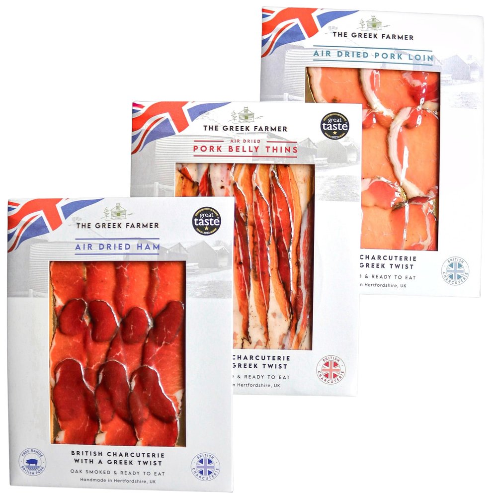 The Greek Farmer 3 Piece Letterbox Charcuterie | Cured Meats & Cold Cuts | Artisan Charcuterie Gift Box | British Free-Range Pork | 5-Star Great Taste Award | Ideal Foodie Gift & Savoury Hamper