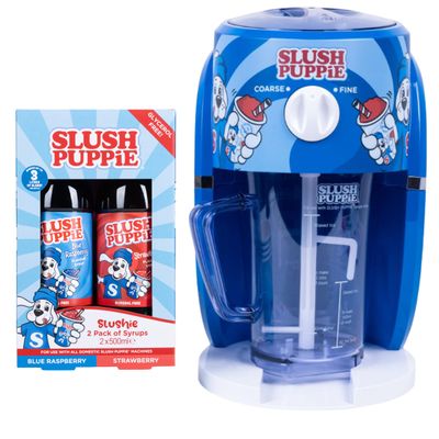 Fizz Creations SLUSH PUPPiE Snowcone Machine & Syrups Bundle. Home Countertop SLUSH PUPPY Maker. Includes 500ml Blue Raspberry Syrup & 500ml Strawberry Syrup Gift Set. Glycerol Free