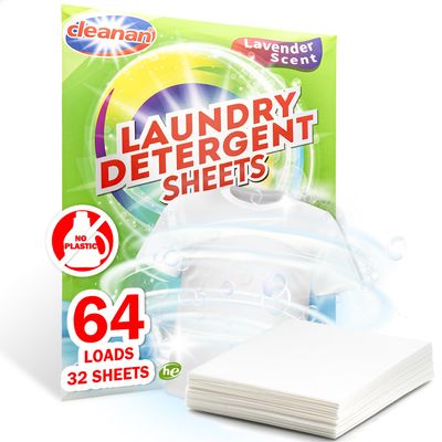 Eco Laundry Sheets, Hypoallergenic Laundry Detergent Sheets, Biodegradable Washing Sheets, Plastic Free Packaging, Convenient and Efficient for Travel, 32 Sheets, 64 Loads, Lavender Scent