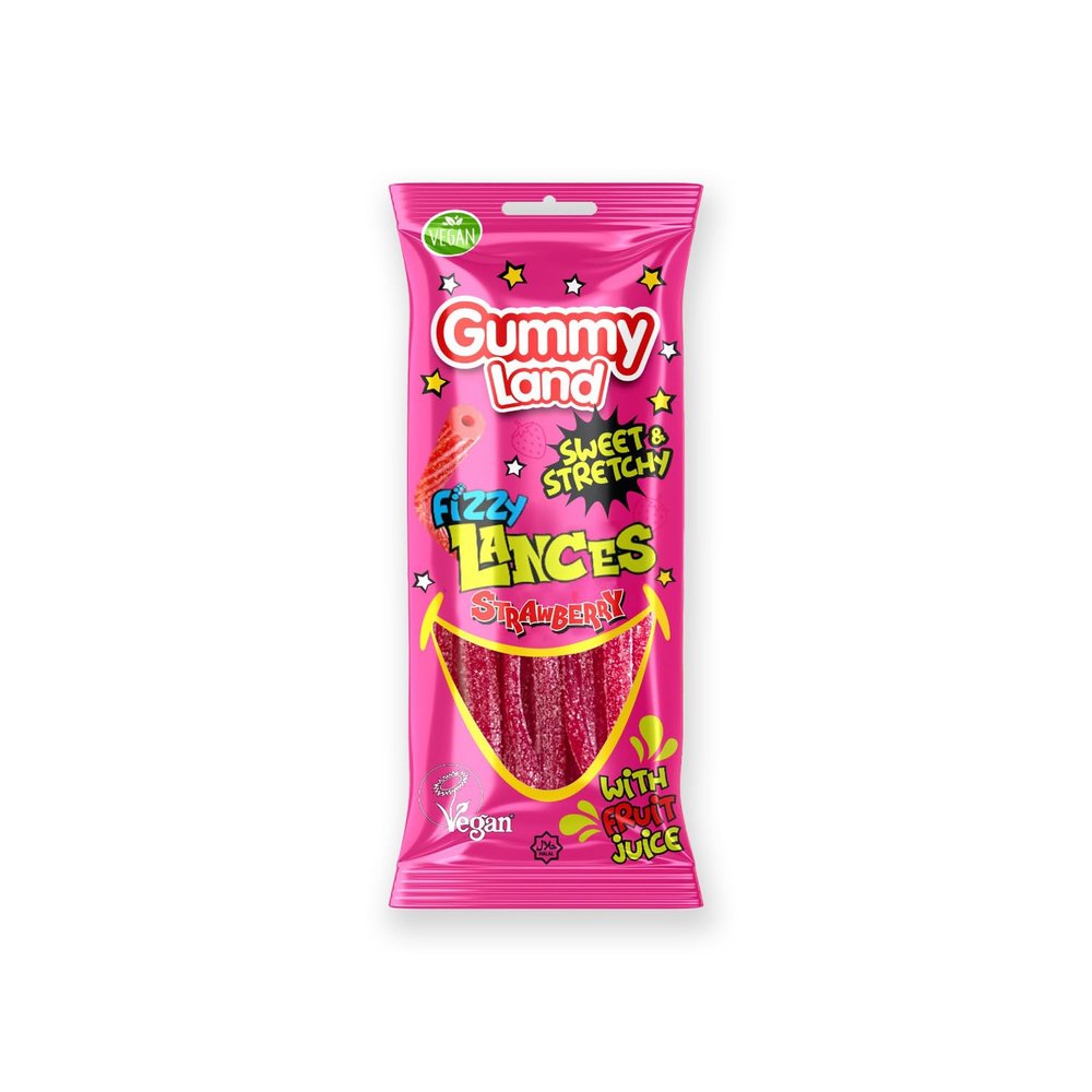 Gummy Land Strawberry Fizzy Sweet Candy Laces -Vegan - Halal - 80g (Pack of 12)