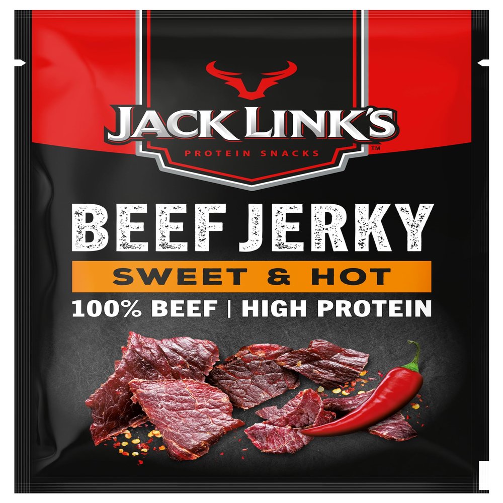 Jack Links Beef Jerky Sweet & Hot - 12-Pack (12 x 60 g) - Dried Meat Protein Snacks - High-Protein Snack for Gym, Fitness, Outdoor - American Food for People - Jerky Chips Made from Beef