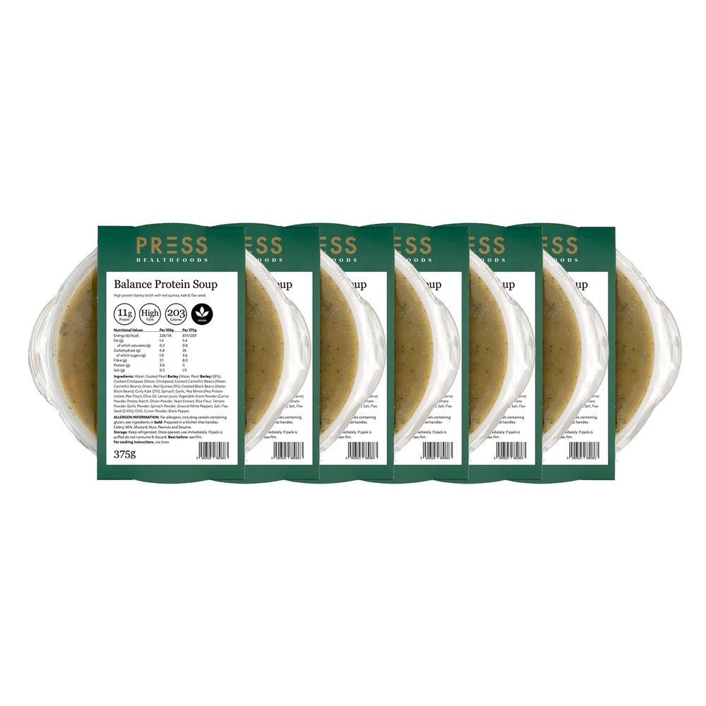 Press Healthfoods - Balance Soup 6 x 375g  Plant Protein & Pearl Barley Soup with Chickpeas, Black Beans, Kale, Cumin & Garlic  High Fibre, Vegan, 203 Calories