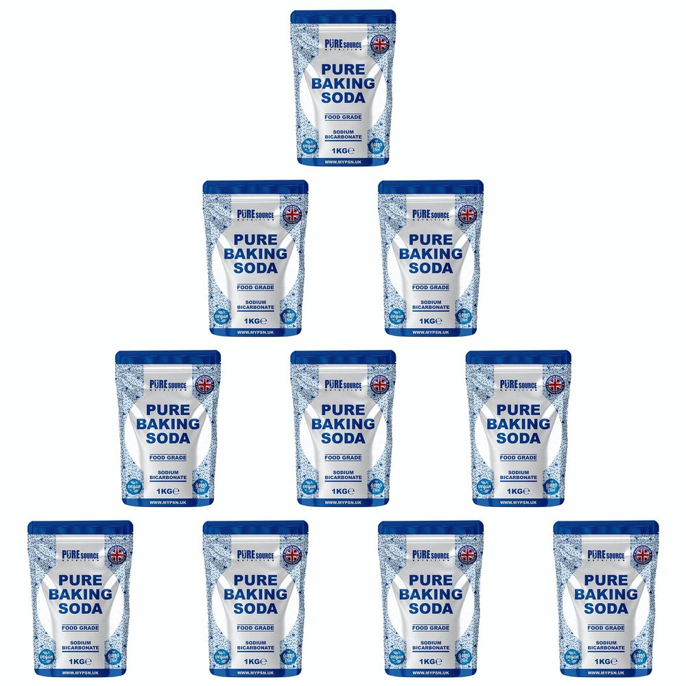 Pure Source Nutrition Baking Soda 1KG x 10 = 10KG VEGAN 100% Sodium Bicarbonate of Soda Food Grade Baking Soda Cooking & Drinking & Cleaning Aluminium Free BPA Free Raising Agent, 10KG / 10000g