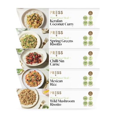 Press Healthfoods, Ready Meal Bundle, 5 High Protein Plant-Based Meals, Low Fat and High Fibre Meal Options, Micvac Technology, 100% Natural Ingredients, Vegan, Recyclable Packaging