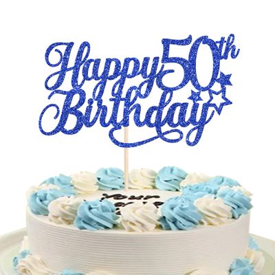 1 Pack Happy 50th Birthday Cake Topper with Glitter Star Cheers to 50 Cake Pick 50 Fabulous Cake Decorations for 50th Birthday Anniversary Theme Party Supplies Blue