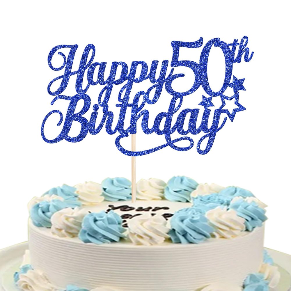 1 Pack Happy 50th Birthday Cake Topper with Glitter Star Cheers to 50 Cake Pick 50 Fabulous Cake Decorations for 50th Birthday Anniversary Theme Party Supplies Blue