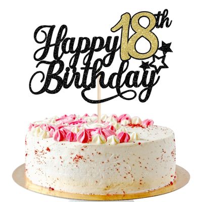 1 Pack Happy 18th Birthday Cake Topper Glitter Little Star Cheers to 18 Cake Pick Sweet 18 Cake Decorations for 18th Birthday Anniversary Theme Party Supplies Black Gold