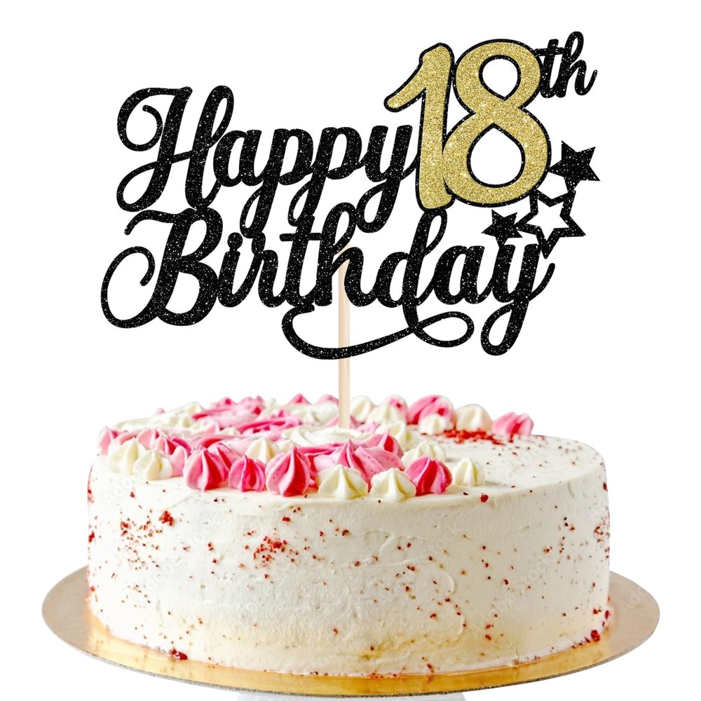 1 Pack Happy 18th Birthday Cake Topper Glitter Little Star Cheers to 18 Cake Pick Sweet 18 Cake Decorations for 18th Birthday Anniversary Theme Party Supplies Black Gold