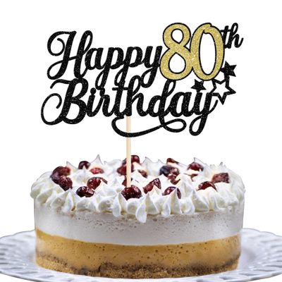 1 Pack Happy 80th Birthday Cake Topper Glitter Little Star Cheers to 80 Cake Pick 80 Fabulous Cake Decorations for 80th Birthday Anniversary Theme Party Supplies Black Gold