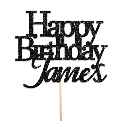 Personalised Birthday Cake Topper by KreateSquare - Custom Colour - Customised With Any Nam  Birthday Cake Decoration Double Sided Glitter 950 GSM (Black)