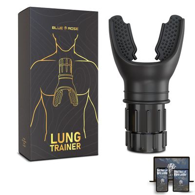 Blue Rose Lung Trainer with Adjustable Resistance Breathing Exerciser & Lung Cleanse Device for Enhanced Lung Capacity, Fitness & Respiratory Health  Includes Free eBook (Black)