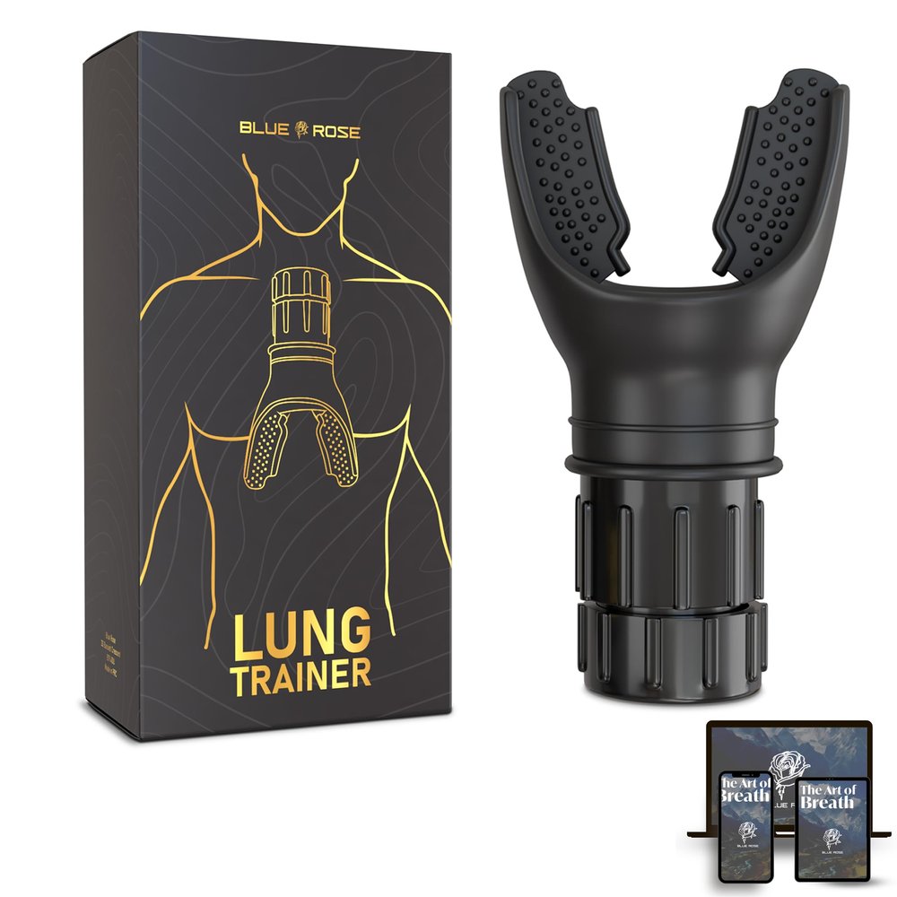 Blue Rose Lung Trainer with Adjustable Resistance Breathing Exerciser & Lung Cleanse Device for Enhanced Lung Capacity, Fitness & Respiratory Health Includes Free eBook (Black)