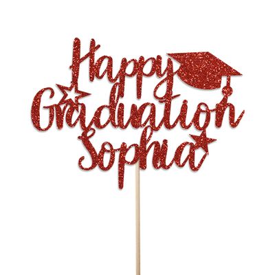 Personalised Glitter Graduation Cake Topper By KreateSquare - Congrats Grad Cake Topper - Customised with Any Name, Ideal for University Students. (Red)