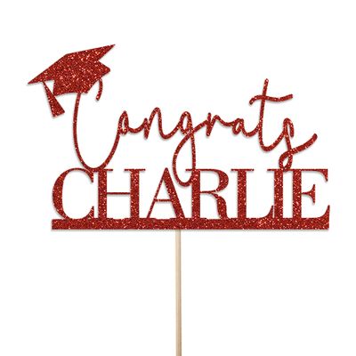 Personalised Glitter Graduation Cake Topper By KreateSquare - Customise with any Name - Congrats Graduation Hat - Ideal for University Students. (Red)