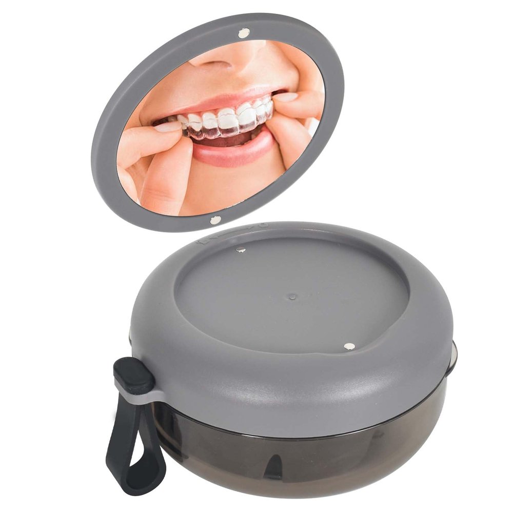 Dental Denture Box with Mirror, Dental Device Holder with Basket, Portable Orthodontic Appliance Box, Grey Mouthguard Case, Denture Box