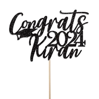 Personalised Glitter Graduation Cake Topper By KreateSquare - Congrats Graduation Hat - Customise with any Name - Ideal for University Students. (Black)