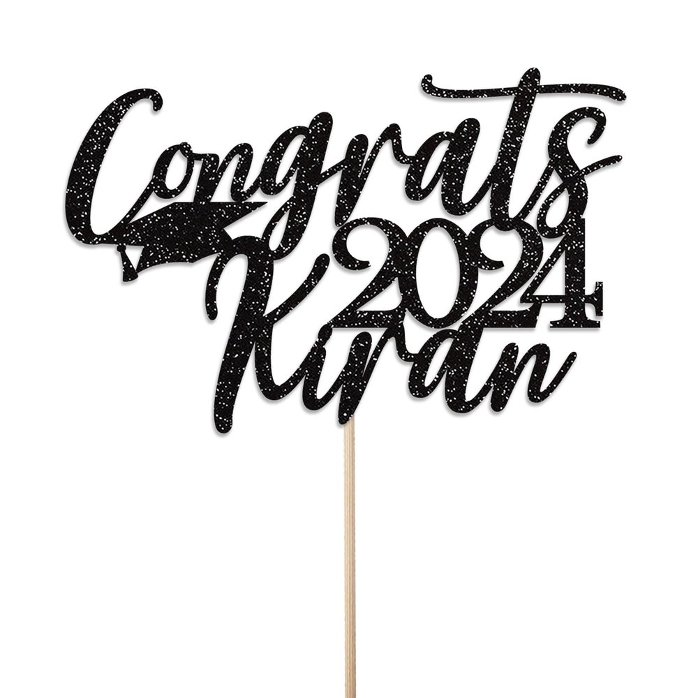 Personalised Glitter Graduation Cake Topper By KreateSquare - Congrats Graduation Hat - Customise with any Name - Ideal for University Students. (Black)
