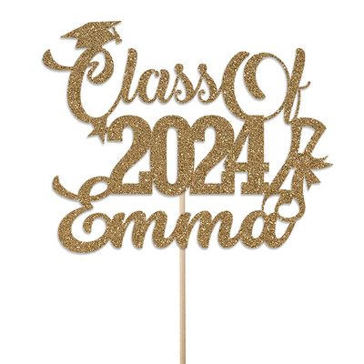 Personalised Graduation Glitter Cake Topper By KreateSquare - Customise Cake Topper Customise any Name - Congrats Graduation Hat Student Class of 2024. (Gold)