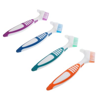 FOMIYES 4pcs Dual-Head Denture Toothbrush Set, Assorted Colors (Green, Purple, Orange, Blue), Soft Bristles False Teeth Cleaner for Home Denture Care and Plaque Removal Random Color