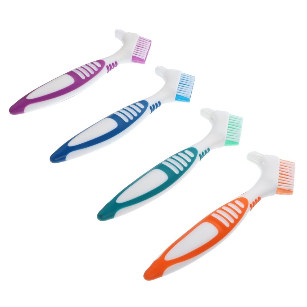 FOMIYES 4pcs Dual-Head Denture Toothbrush Set, Assorted Colors (Green, Purple, Orange, Blue), Soft Bristles False Teeth Cleaner for Home Denture Care and Plaque Removal Random Color