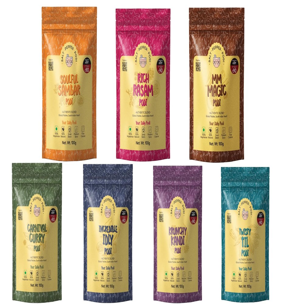 SALT PEPPER PODI Full kit combo | Curry Carnival+Incredible Idly+Krunchy Kandi+ MM Magic+Rich Rasam+Soulful Sambar+Twisty Til Podi | Aromatic Spices | 7 Pouches 100g Each