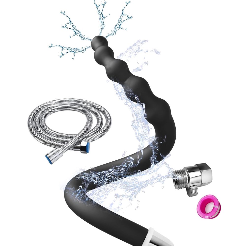 Shower Set 4 Holes Sprayer Enema Comfort Silicone Hose Enema Nozzle Accessory Woman Man 58cm + 150cm Hose (Black)