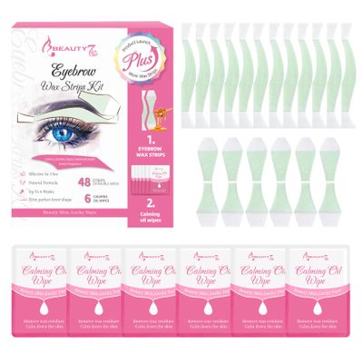 Beauty7 Eyebrow Waxing Strips Kits 48pcs Cold Waxing Strip with 6 Calming Oil Wipes Facial Hair Removal Srips Eyebrow Shaper for All Skin Types Women