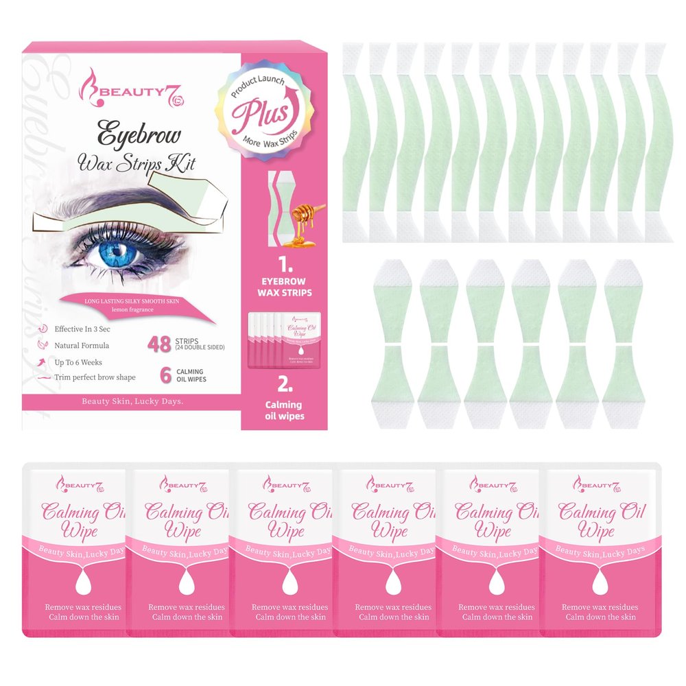 Beauty7 Eyebrow Waxing Strips Kits 48pcs Cold Waxing Strip with 6 Calming Oil Wipes Facial Hair Removal Srips Eyebrow Shaper for All Skin Types Women