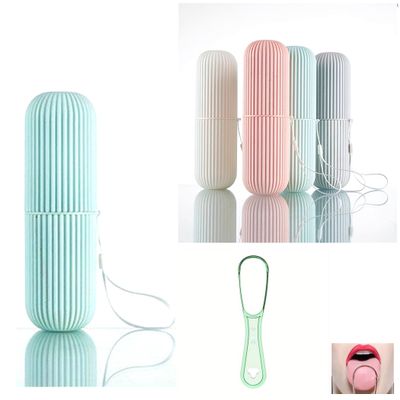 1 GREEN Travel TOOTHBRUSH Holder, MOUTHWASH Cup, TOOTHPASTE Holder & TONGUE Scraper -Carry Strap, Anti Slip Groove, Camping, Business Trip, Store Travel Make Up Brushes (Green & Scraper)
