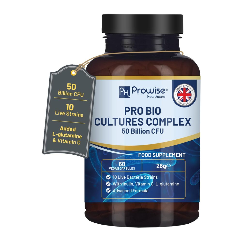 Bio Cultures Complex Probiotics and Prebiotics - 50 Billion CFU - 10 Live Bacteria Strains  Added with Inulin, L-Glutamine & Vitamin C - 60 Capsules | Advanced Probiotic for Women & Men by Prowise