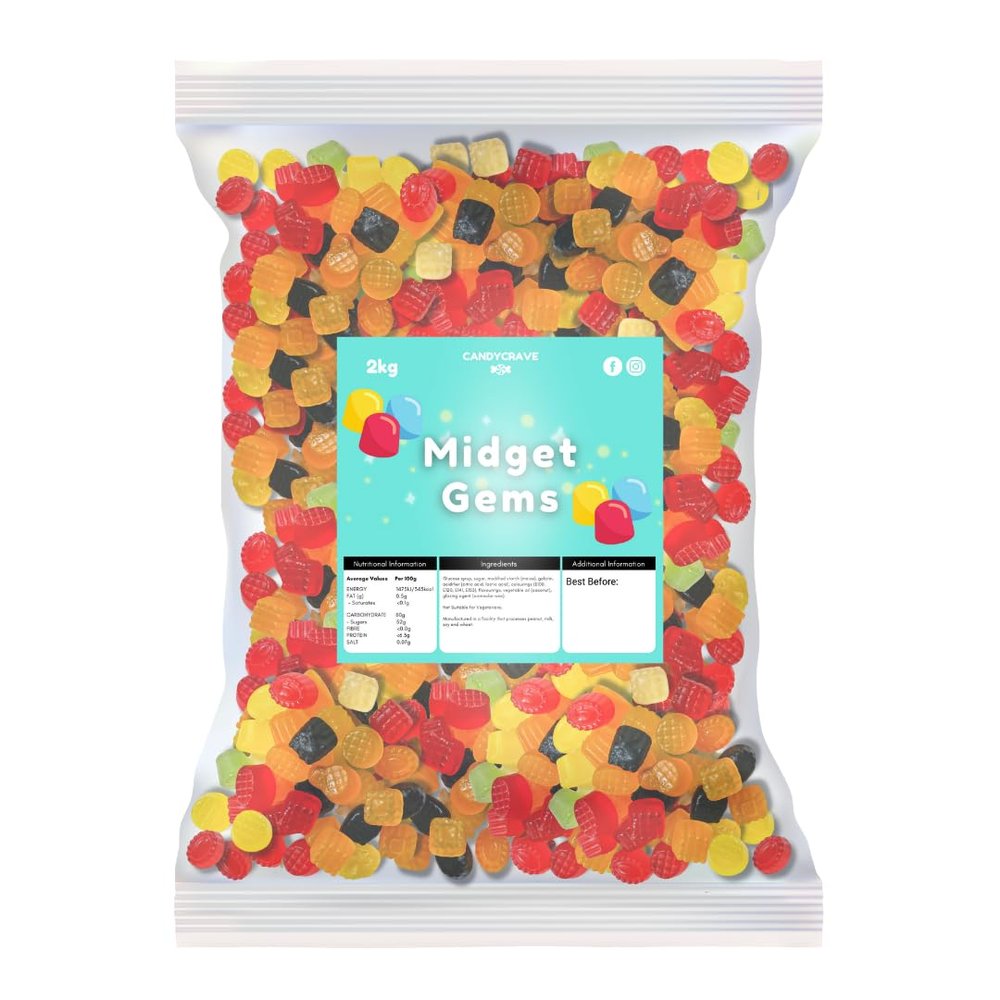 Candycrave Midget Gems  2kg Bulk Bag | Fruity Flavour | Mixed Shapes | Classic Gummy Sweets