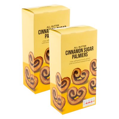 Traditional All Butter Cinnamon Sugar Palmiers, Crisp Puff Pastry Glazed Heart Shapes with Caramelised Cinnamon Sugar - 2 x 100g