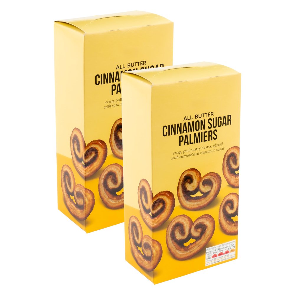 Traditional All Butter Cinnamon Sugar Palmiers, Crisp Puff Pastry Glazed Heart Shapes with Caramelised Cinnamon Sugar - 2 x 100g