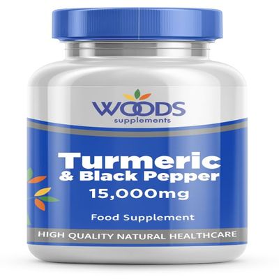 Woods Supplements - 15,000mg High Strength Turmeric & Black Pepper 120x Vegan Curcumin Turmeric Extract Tablets with Added VIT B5, VIT C and Zinc. High Absorption for Joint Care and Digestion