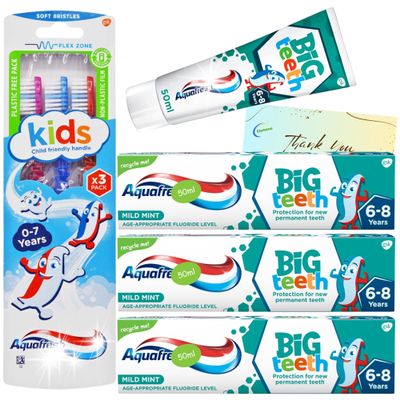 Kids Toothpaste Bundle with 3 Pack Big Teeth 6-8 Years 50ml Each and Kids Toothbrushes (Pack of 3) with Glameno Thank You Card