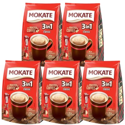World Food Shop Mokate 3 in 1 Classic Instant Coffee 10 Sticks 170g - Pack of 5 - Premium Coffee Mix with Sugar and Creamer - Convenient On-the-Go Coffee Sachets for Home or Office