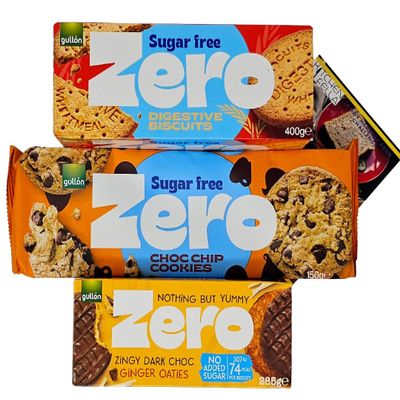 Gulln Zero Sugar Free Biscuit Bundle  Choc Chip Cookies 150g, Digestives 400g, Zingy Dark Choc Ginger Oaties 285g + Kitchen Fella Healthy Eating Challenge Postcard  No Added Sugar, Vegetarian
