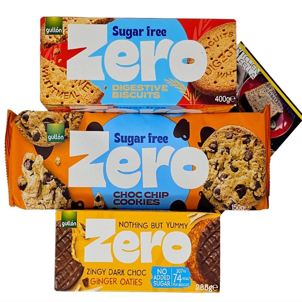 Gulln Zero Sugar Free Biscuit Bundle Choc Chip Cookies 150g, Digestives 400g, Zingy Dark Choc Ginger Oaties 285g + Kitchen Fella Healthy Eating Challenge Postcard No Added Sugar, Vegetarian