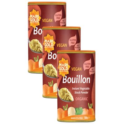 Marigold Organic Vegetable Bouillon Powder, 500g (Pack of 3) Instant Vegan Stock Powder, Natural Ingredients, Low Calories Ideal for Soups, Stews & Sauces.